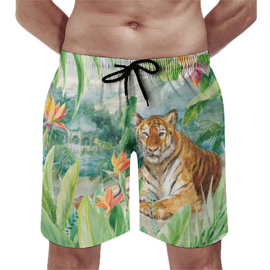 Men's Hawaiian Swim Trunks with Watercolor Tiger Print
