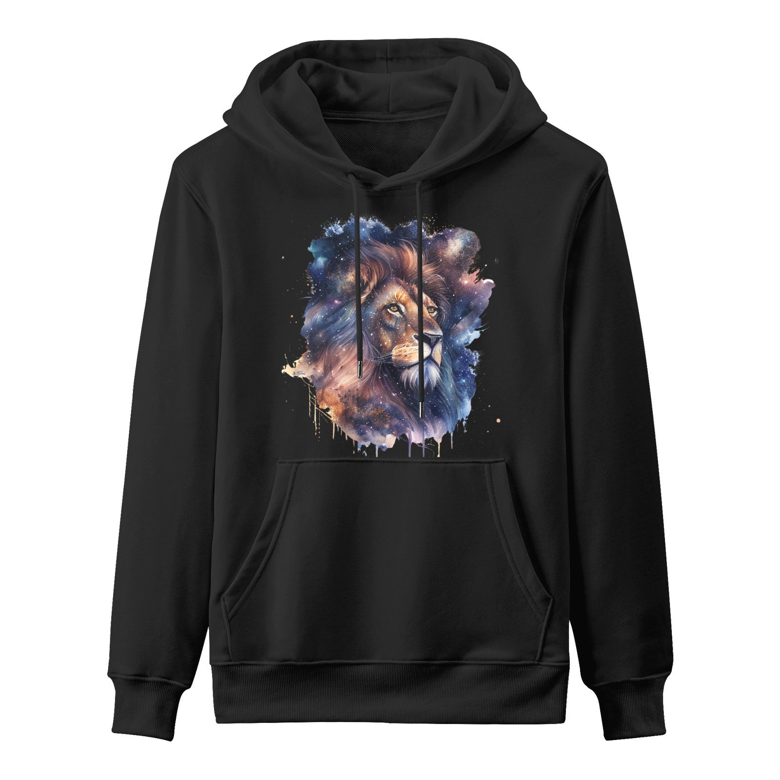 Mighty Lion Astro Cruise Men's Black Hoodie, 100% cotton, featuring an artistic lion and galaxy design.