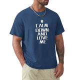 Men's navy blue crew neck t-shirt with white "CALM DOWN AND LOVE ME" print, classic cotton tee.