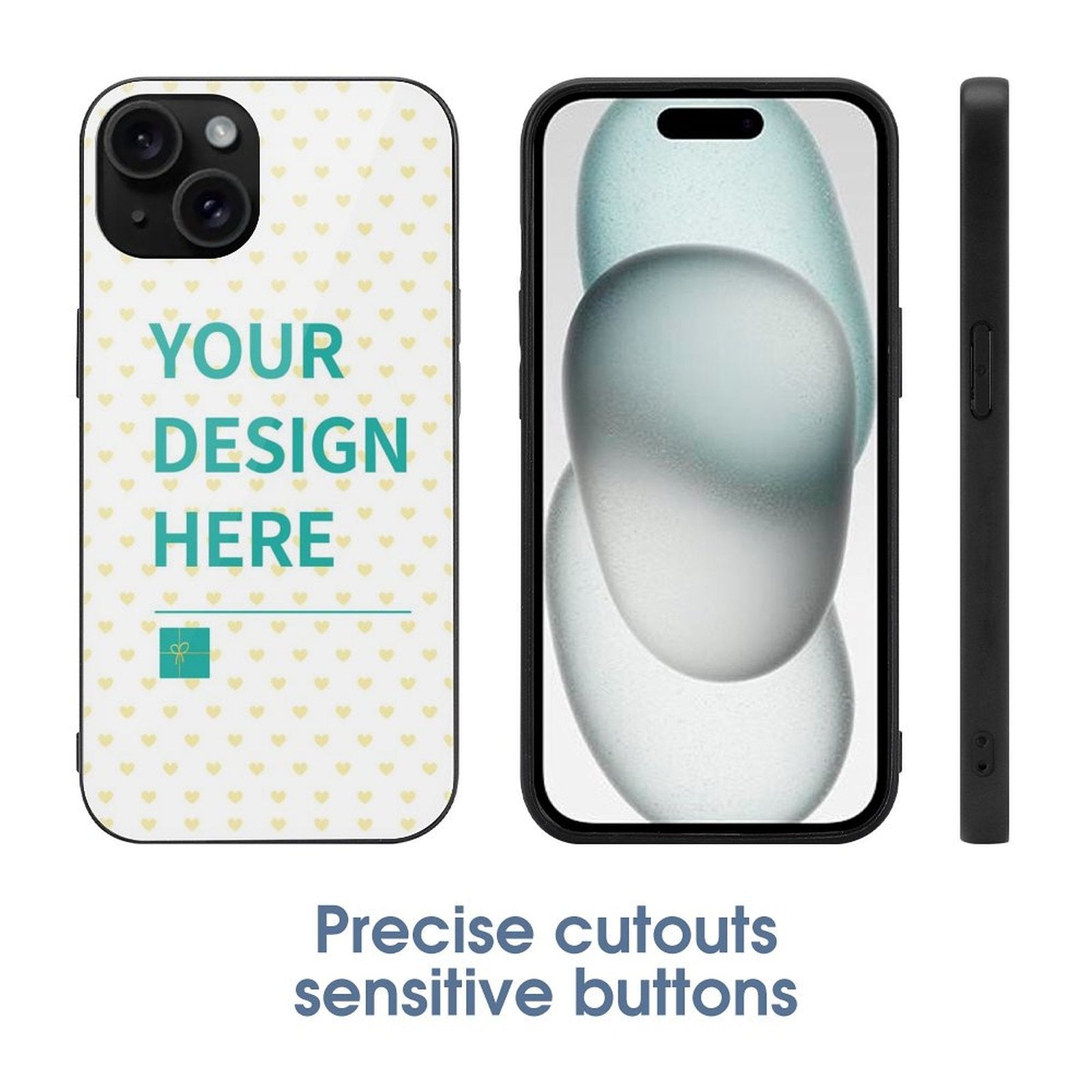 Customizable iPhone 15 case with heart pattern, your design here text, black TPU and glass cover, precise cutouts