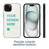 Customizable iPhone 15 case with heart pattern, your design here text, black TPU and glass cover, precise cutouts