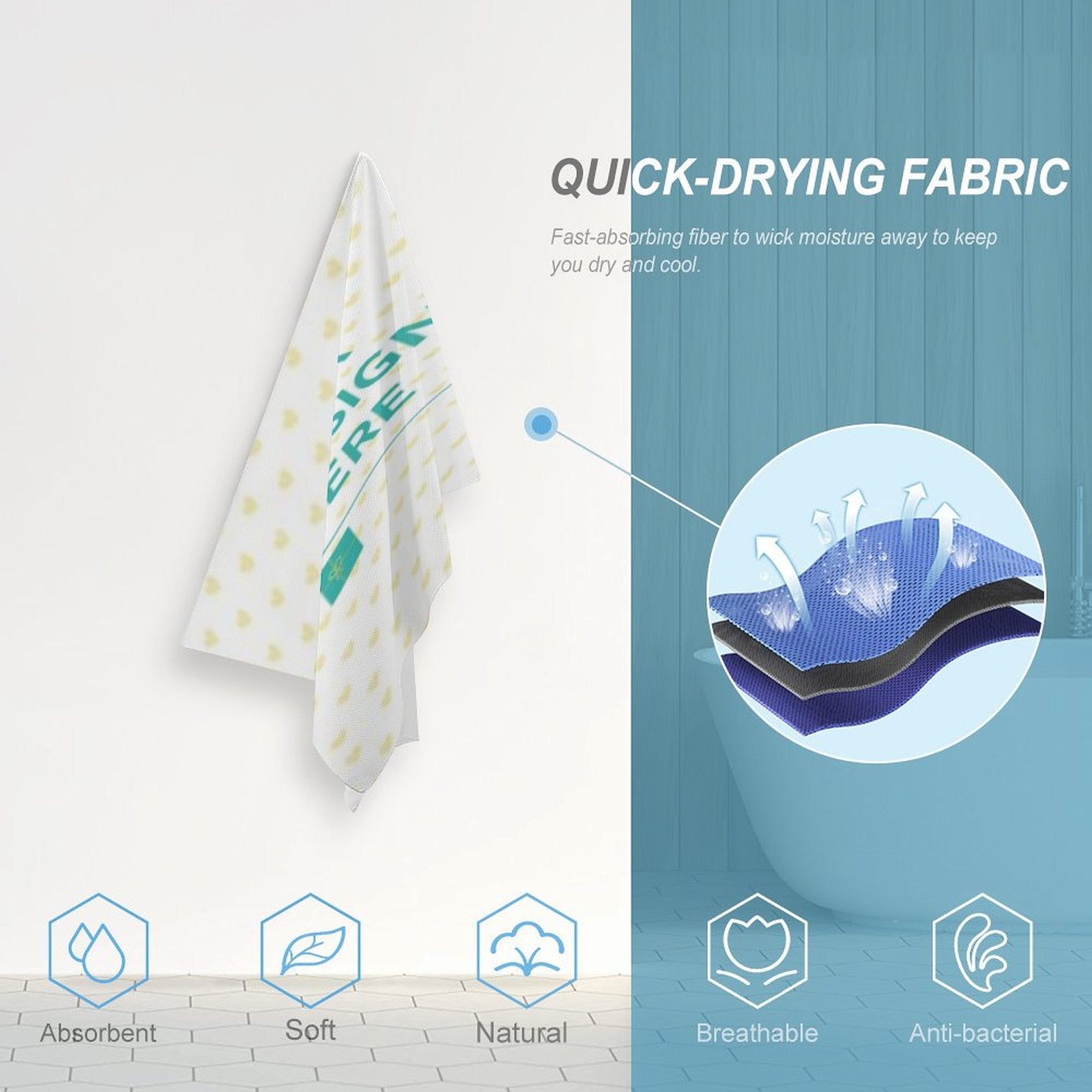 Quick-drying travel towel with YOUR DESIGN HERE text, ideal for swimming, camping, and fitness