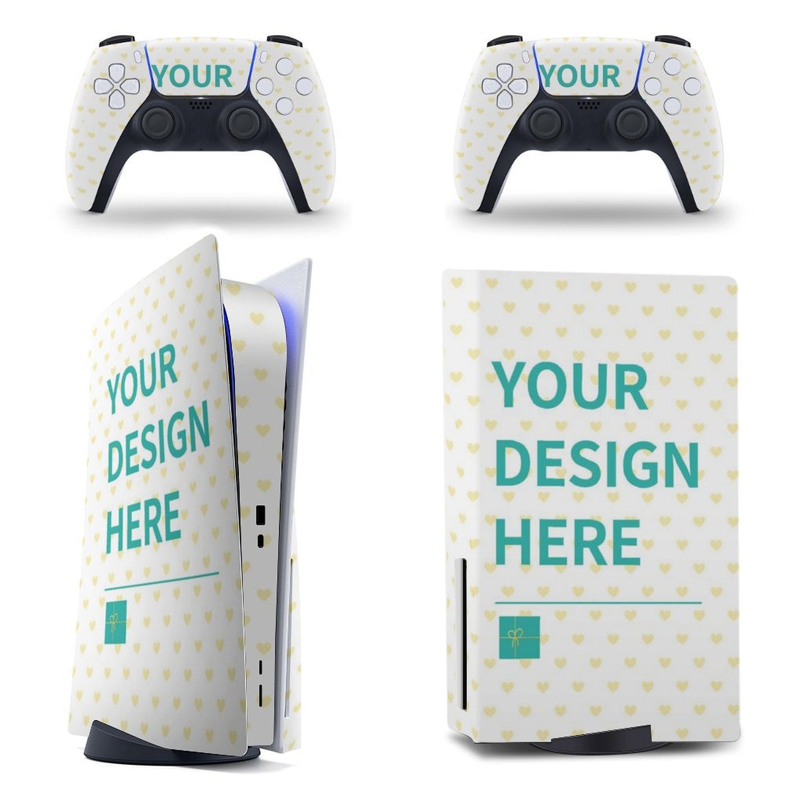 Custom PS5 skin with YOUR DESIGN HERE text, yellow hearts pattern, controller and console stickers