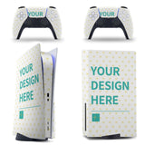 Custom PS5 skin with YOUR DESIGN HERE text, yellow hearts pattern, controller and console stickers