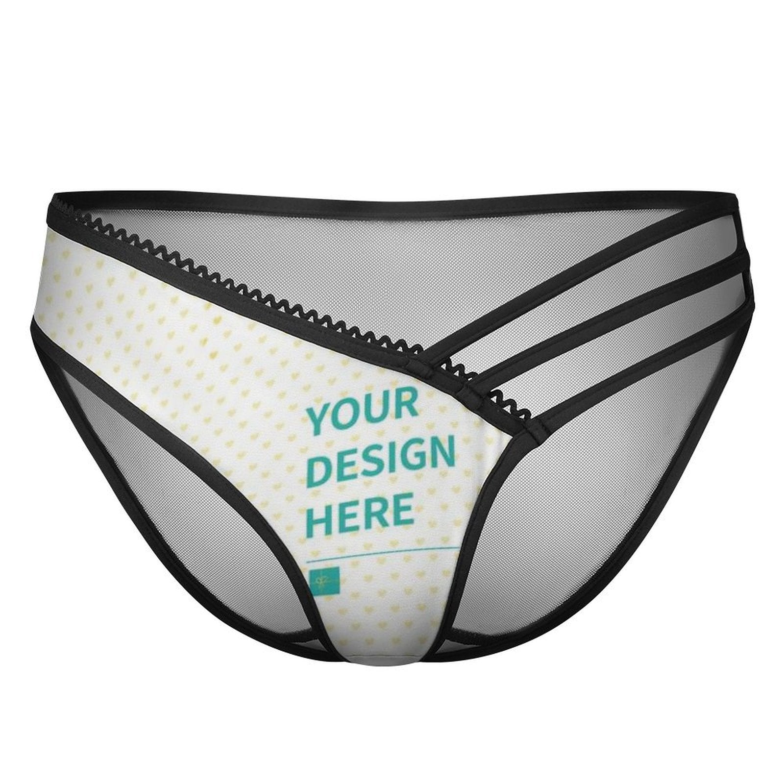 Customizable women's panties with 'YOUR DESIGN HERE' print, black mesh, personalized sexy gift
