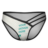 Customizable women's panties with 'YOUR DESIGN HERE' print, black mesh, personalized sexy gift