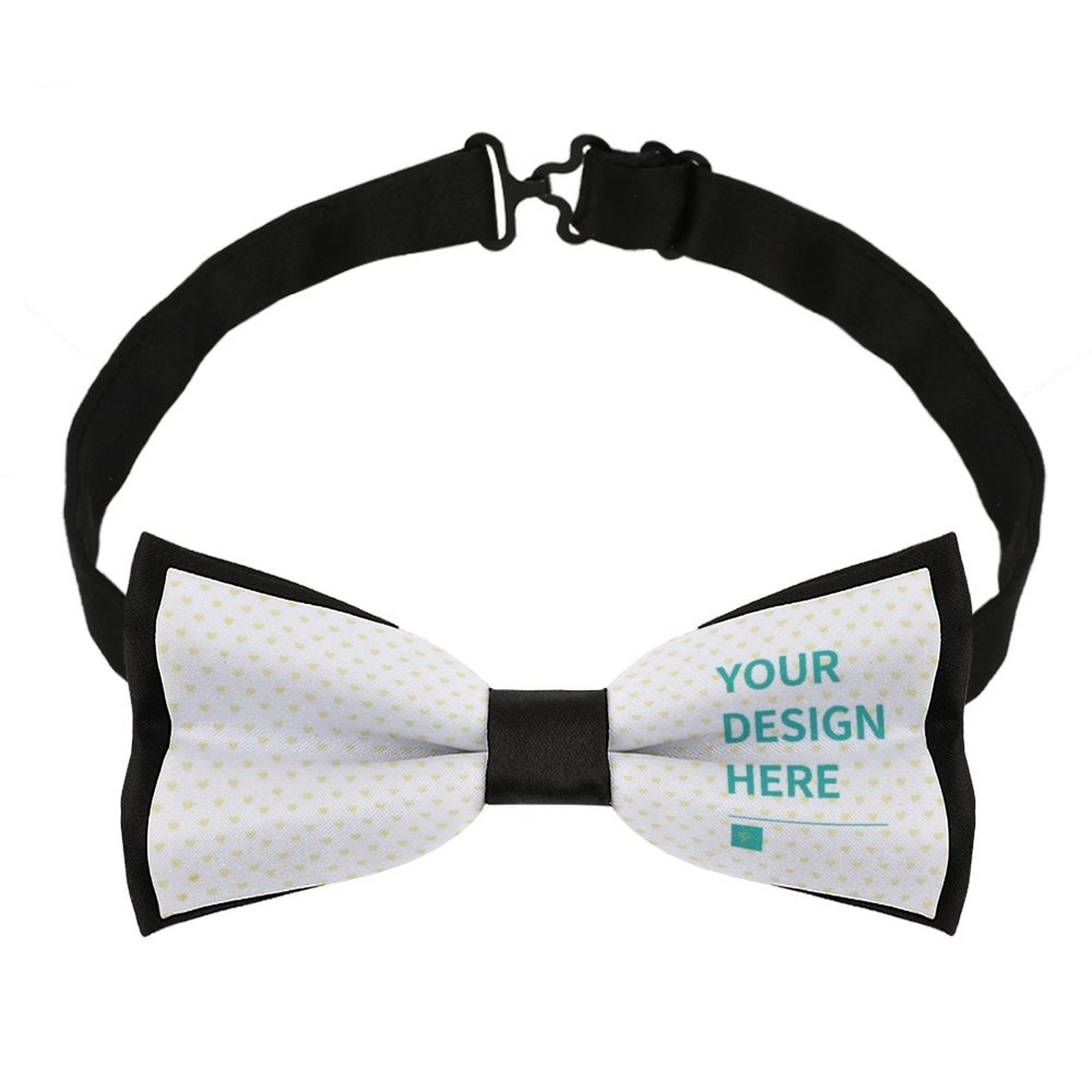 Custom polyester bow tie for men with adjustable strap and 'YOUR DESIGN HERE' text, suitable for formal & casual occasions.