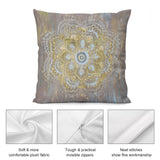 Luxury plush throw pillow cover with gold mandala art design; featuring soft fabric, invisible zipper, and fine stitching.