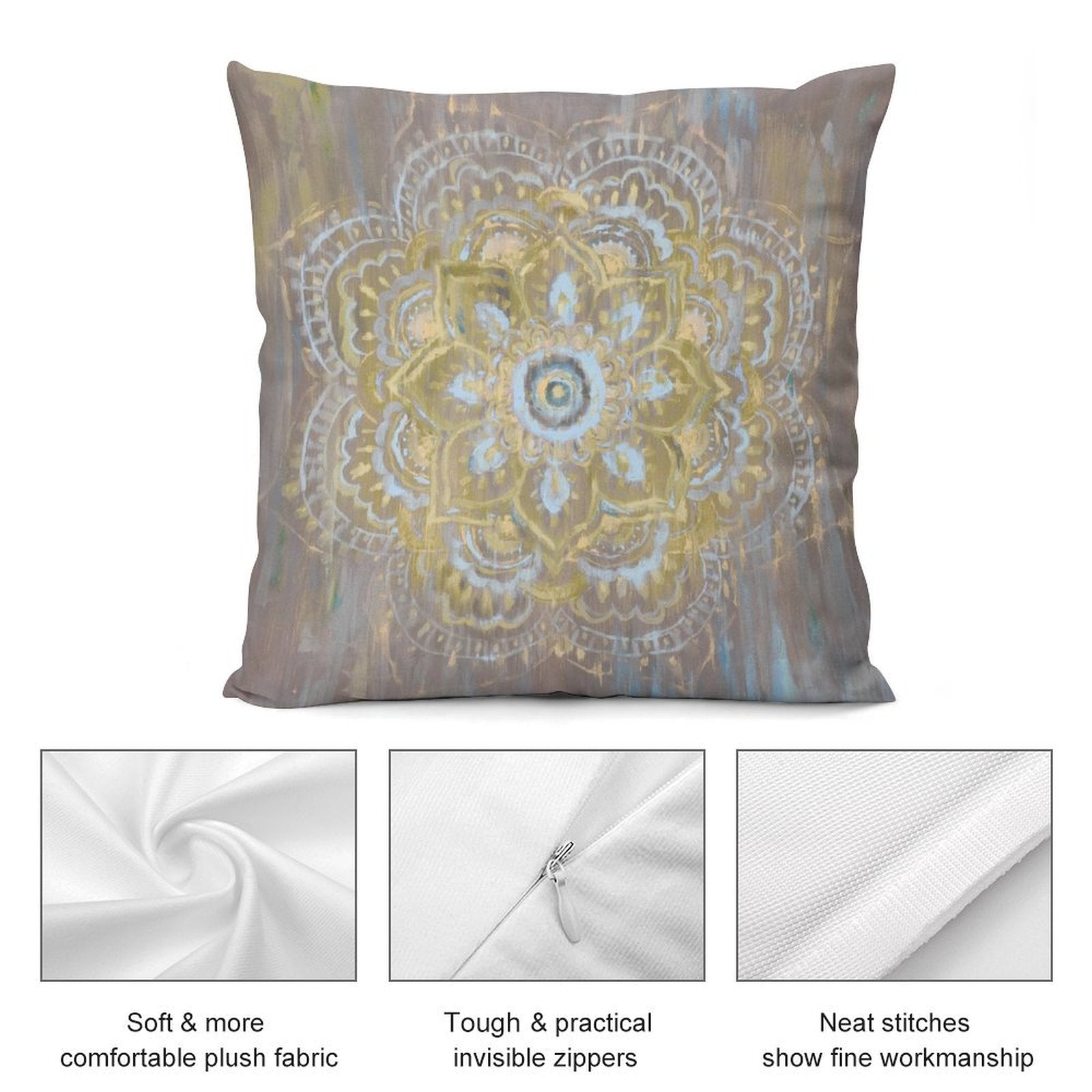 Gray mandala plush pillow cover with gold and blue design, soft fabric, invisible zipper, and neat stitching.
