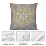 Gray mandala plush pillow cover with gold and blue design, soft fabric, invisible zipper, and neat stitching.