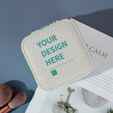 Personalized jewelry box with 'YOUR DESIGN HERE', travel-friendly, white PU leather, part of MyArtsyGift's custom gifts.