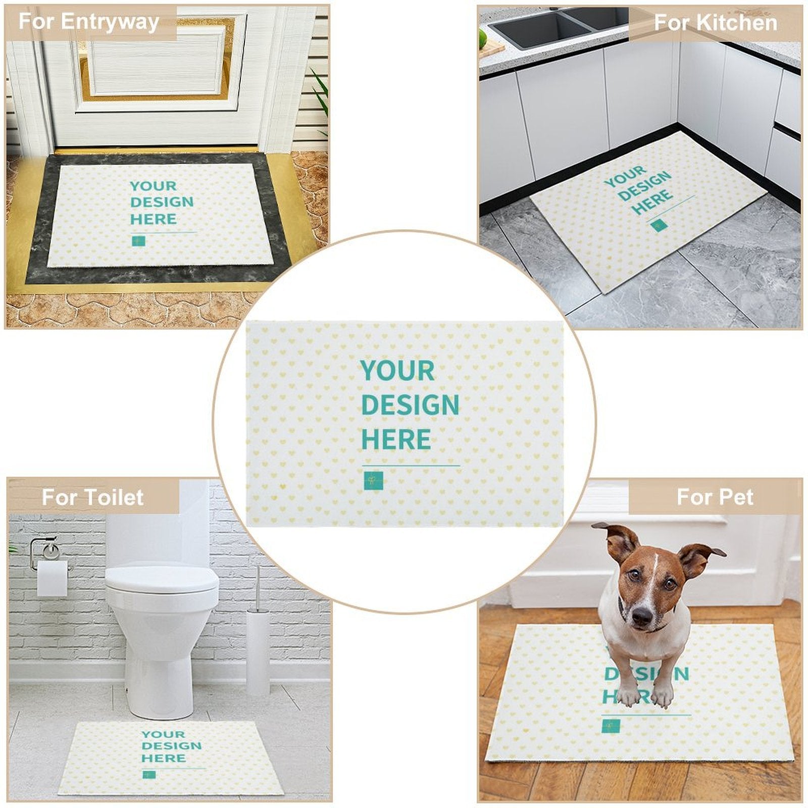 Customizable area rug with heart pattern and 'YOUR DESIGN HERE' text; perfect for bedrooms, kitchens, and more.