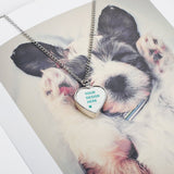 Customizable alloy heart pendant dog memorial necklace, silver chain, with "YOUR DESIGN HERE" text for pets.