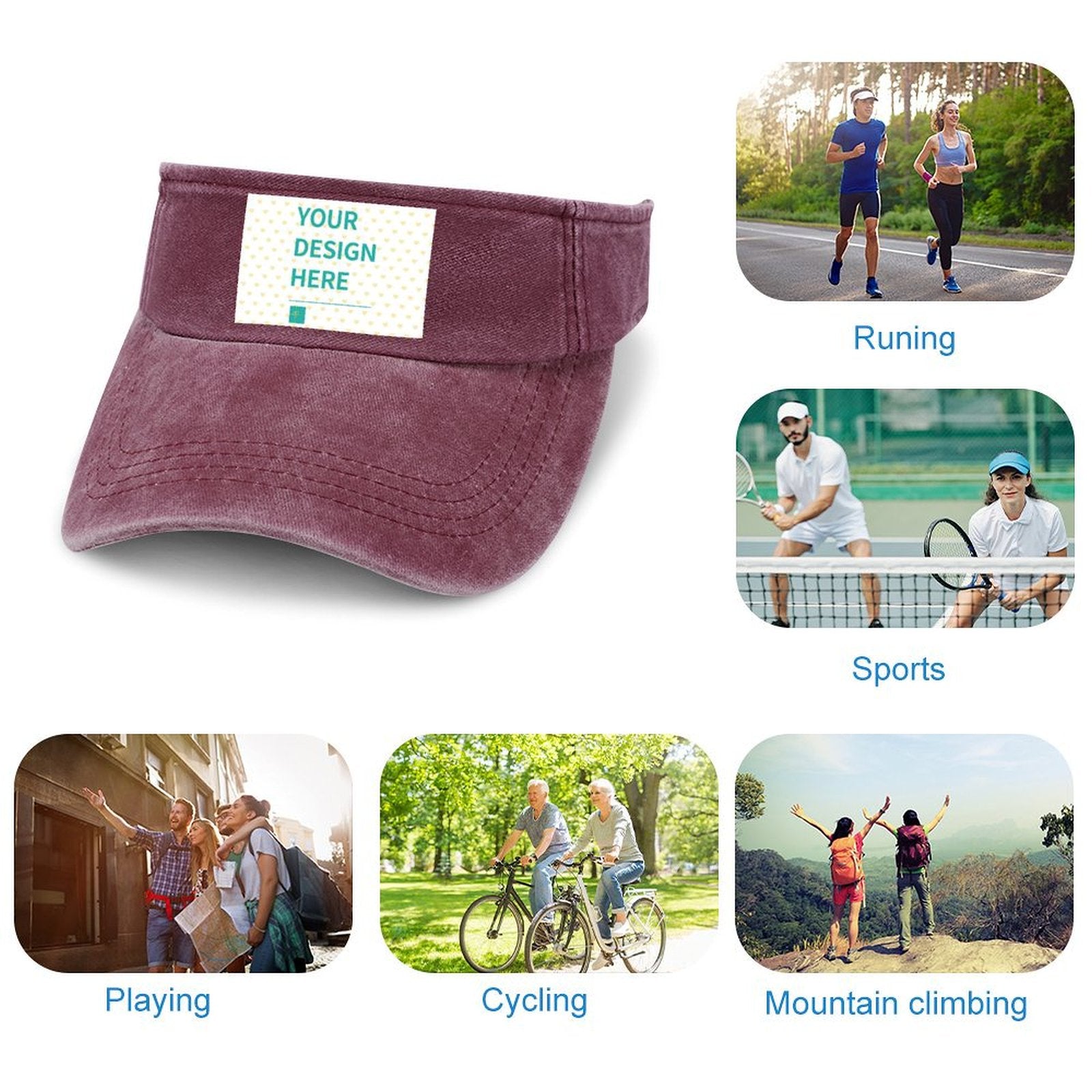 Custom maroon denim visor with 'YOUR DESIGN HERE' text, for outdoor activities, perfect personalized gift.
