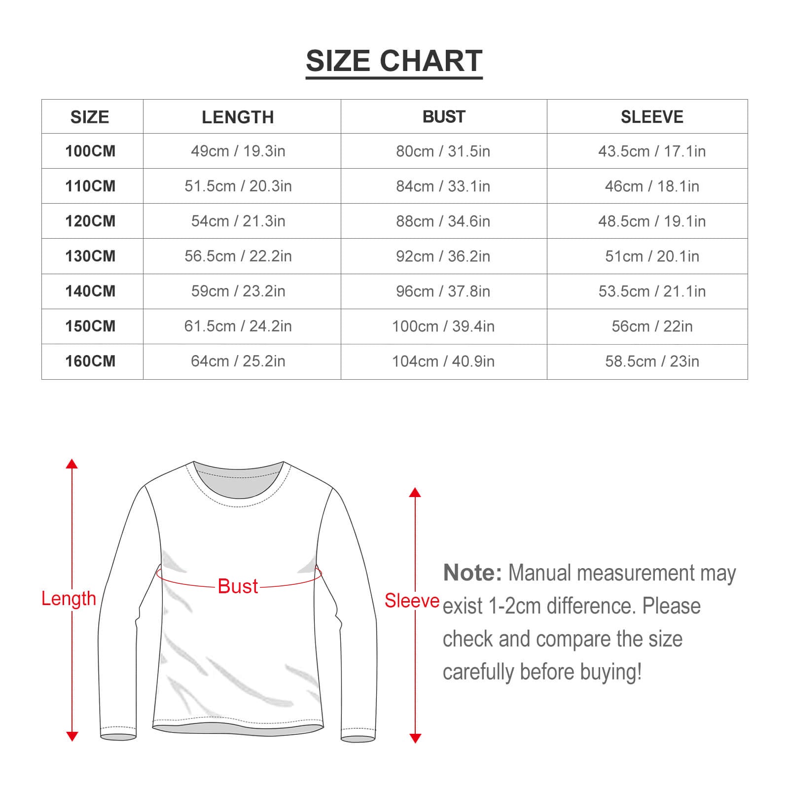 Toddler girl pajamas size chart, including length, bust, sleeve measurements, and size guidelines, ensuring a perfect fit.