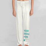 Personalized pajama pants, white with yellow hearts and 'YOUR DESIGN HERE' for custom sleepwear at MyArtsyGift.