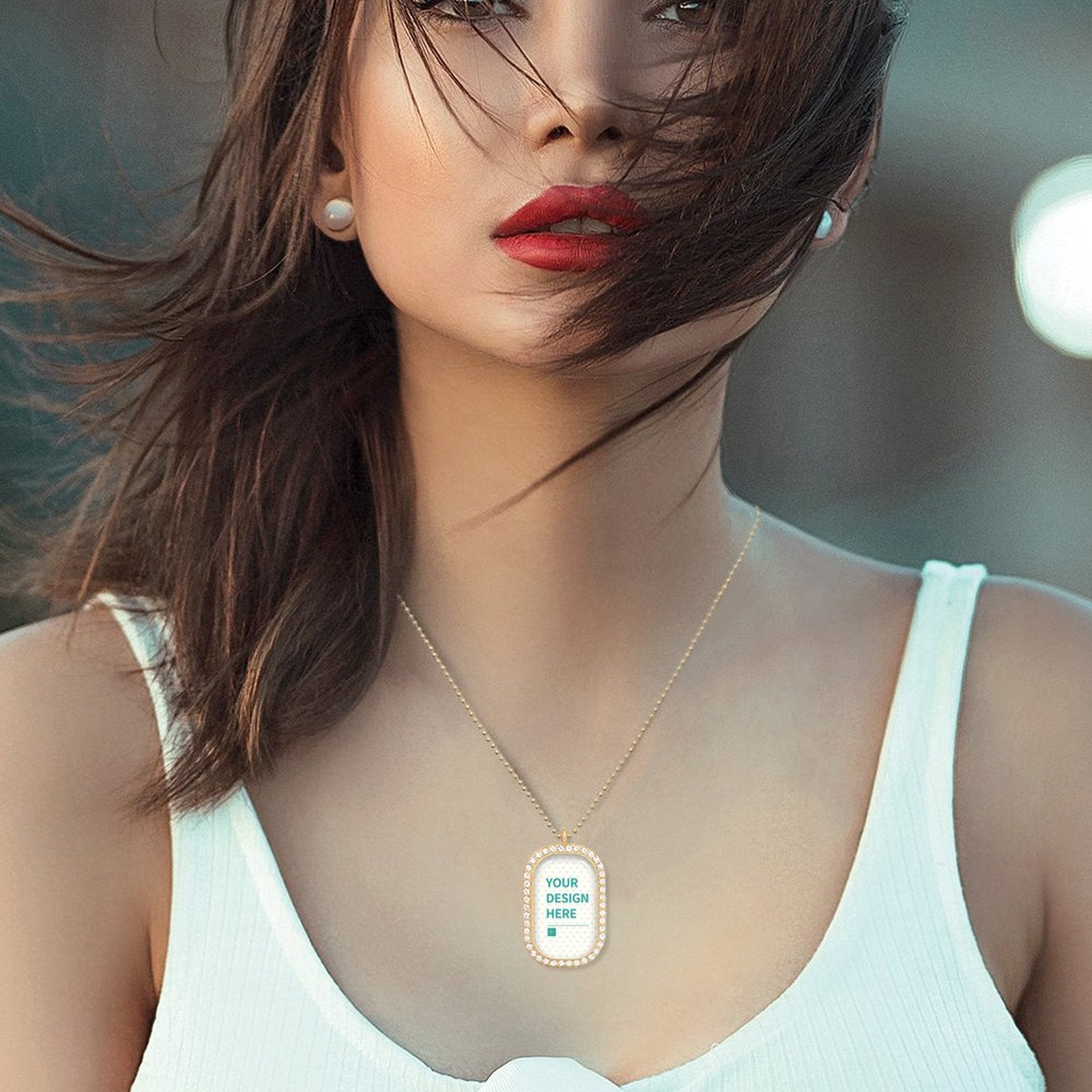 Custom Memory Necklace with "YOUR DESIGN HERE" pendant, gold alloy, crystal border, personalized gift for her