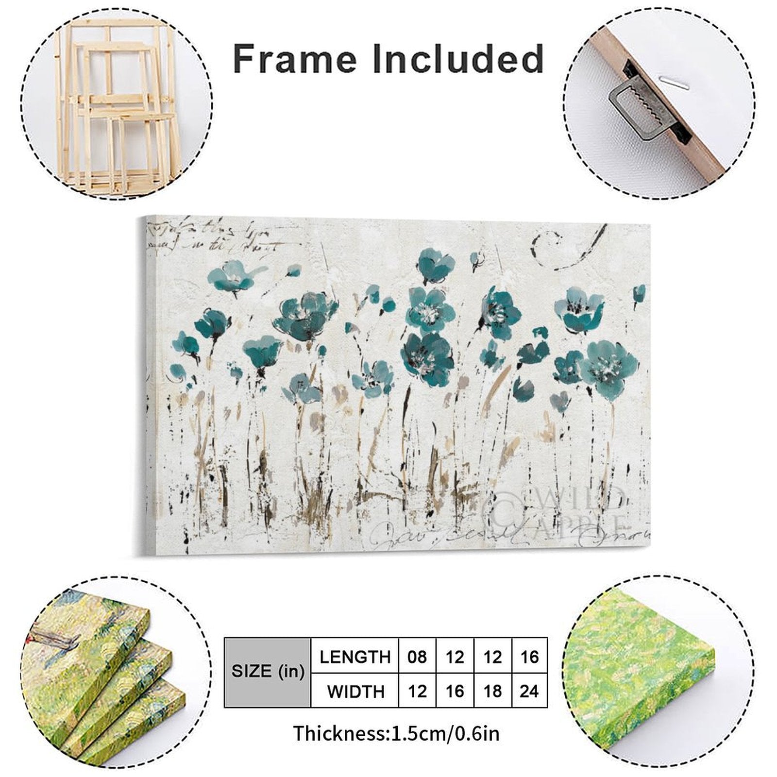 Canvas print with teal floral design, includes frame. Wall art for home decor. Available in multiple sizes from MyArtsyGift.