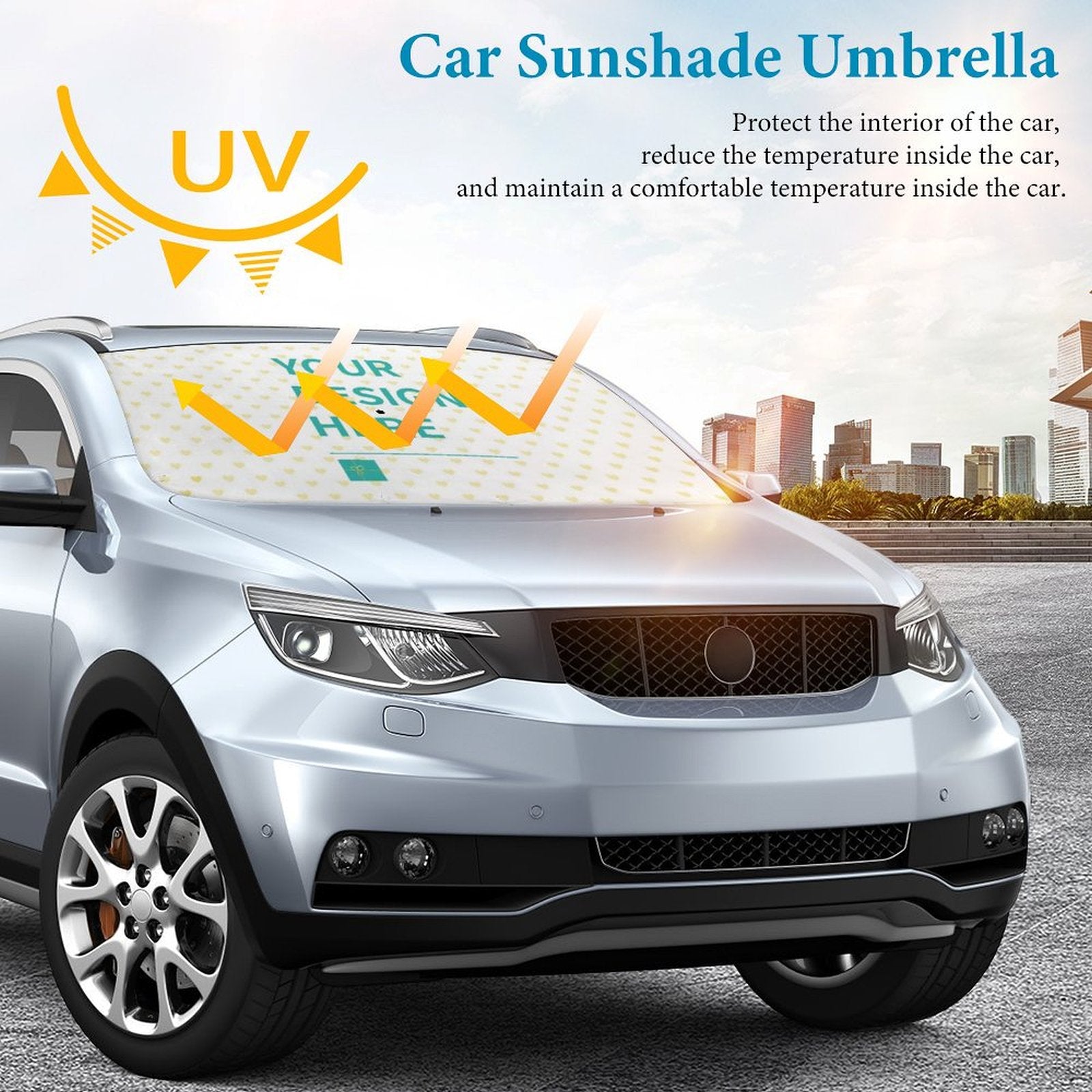 Custom car sunshade umbrella with UV protection on a silver car, featuring customizable design area.