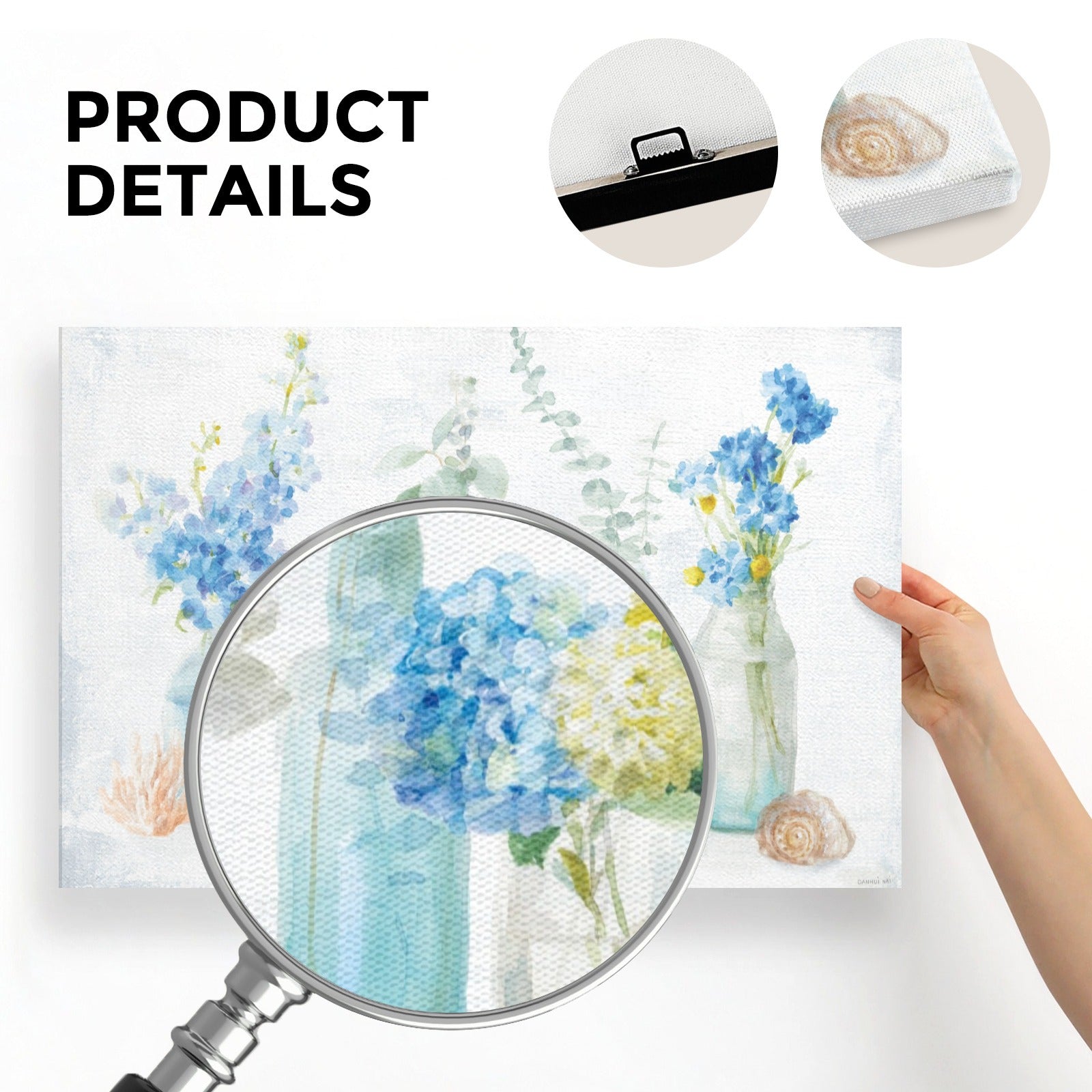 Beach Cottage Blue Florals canvas print. Watercolor floral art, USA made, perfect home decor.