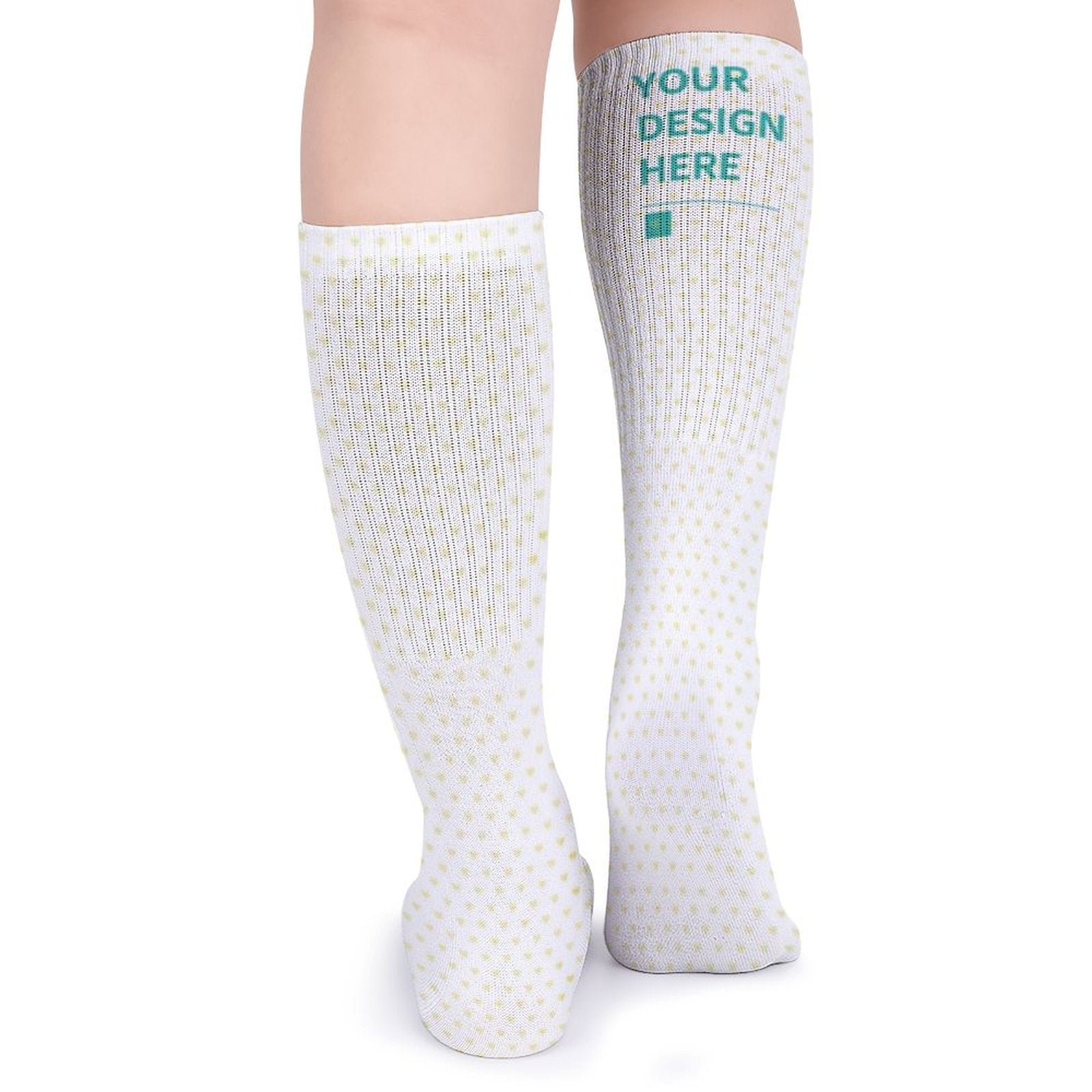 Customizable white socks with heart pattern, 'YOUR DESIGN HERE', for Christmas Gifts, breathable.