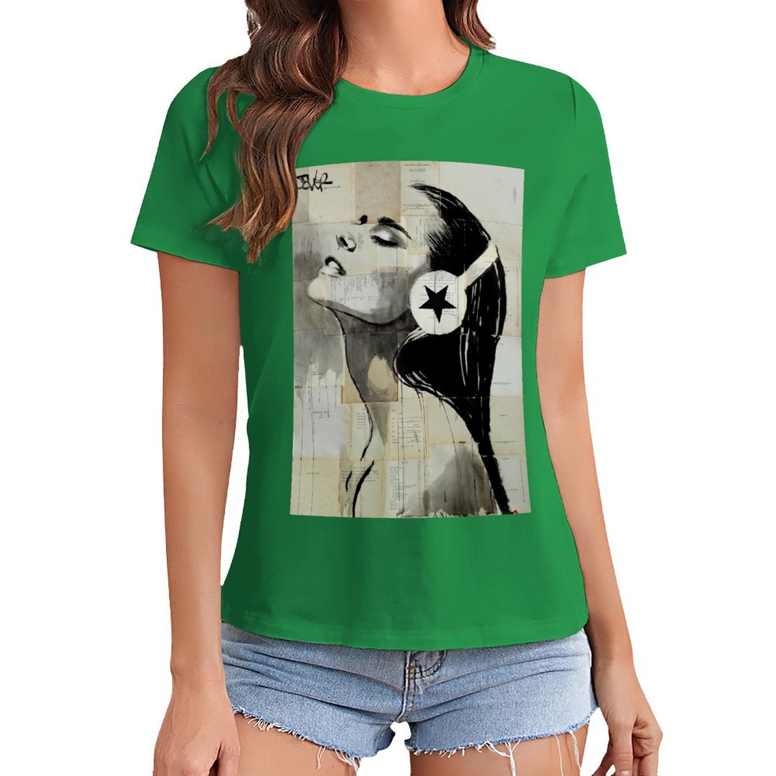 Green Women's graphic tee featuring a woman with headphone art print, MyArtsyGift product.