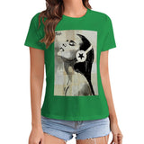 Green Women's graphic tee featuring a woman with headphone art print, MyArtsyGift product.
