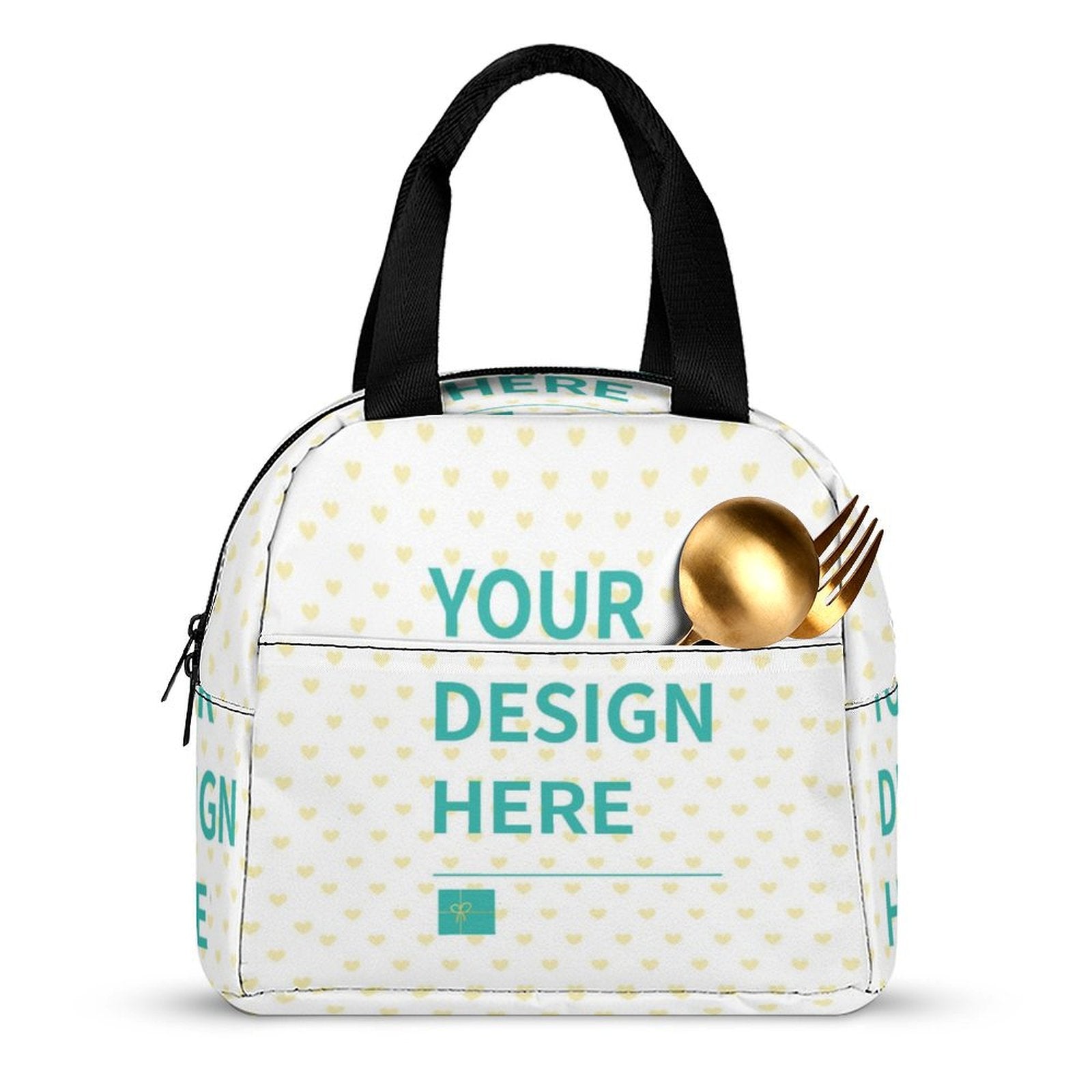 Custom lunch bag with heart pattern and customizable design; ideal for work, travel, and school.