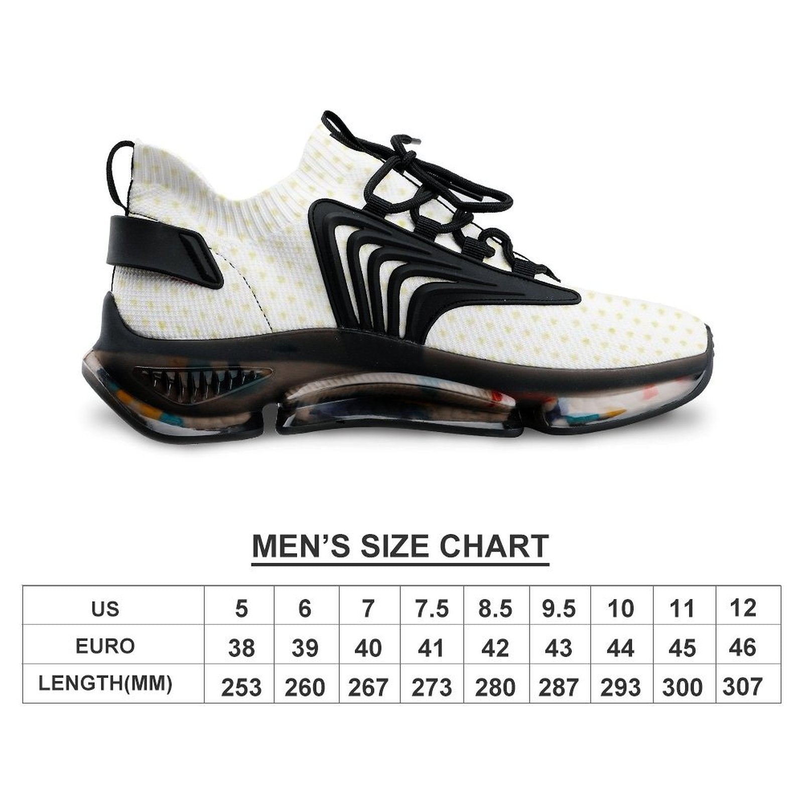 Men's custom running shoes: white Flyknit, black accents, TPU outsole. Size chart included.