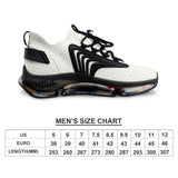 Men's custom running shoes: white Flyknit, black accents, TPU outsole. Size chart included.