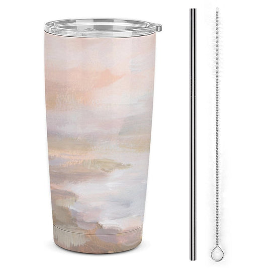 Stainless steel car cup coffee tumbler with abstract art design, straw and brush. Perfect for travel and gifts.