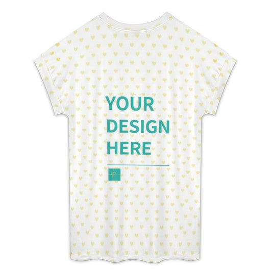 Custom T-shirt with 'Your Design Here' text, white milk silk fabric, customizable gift for women