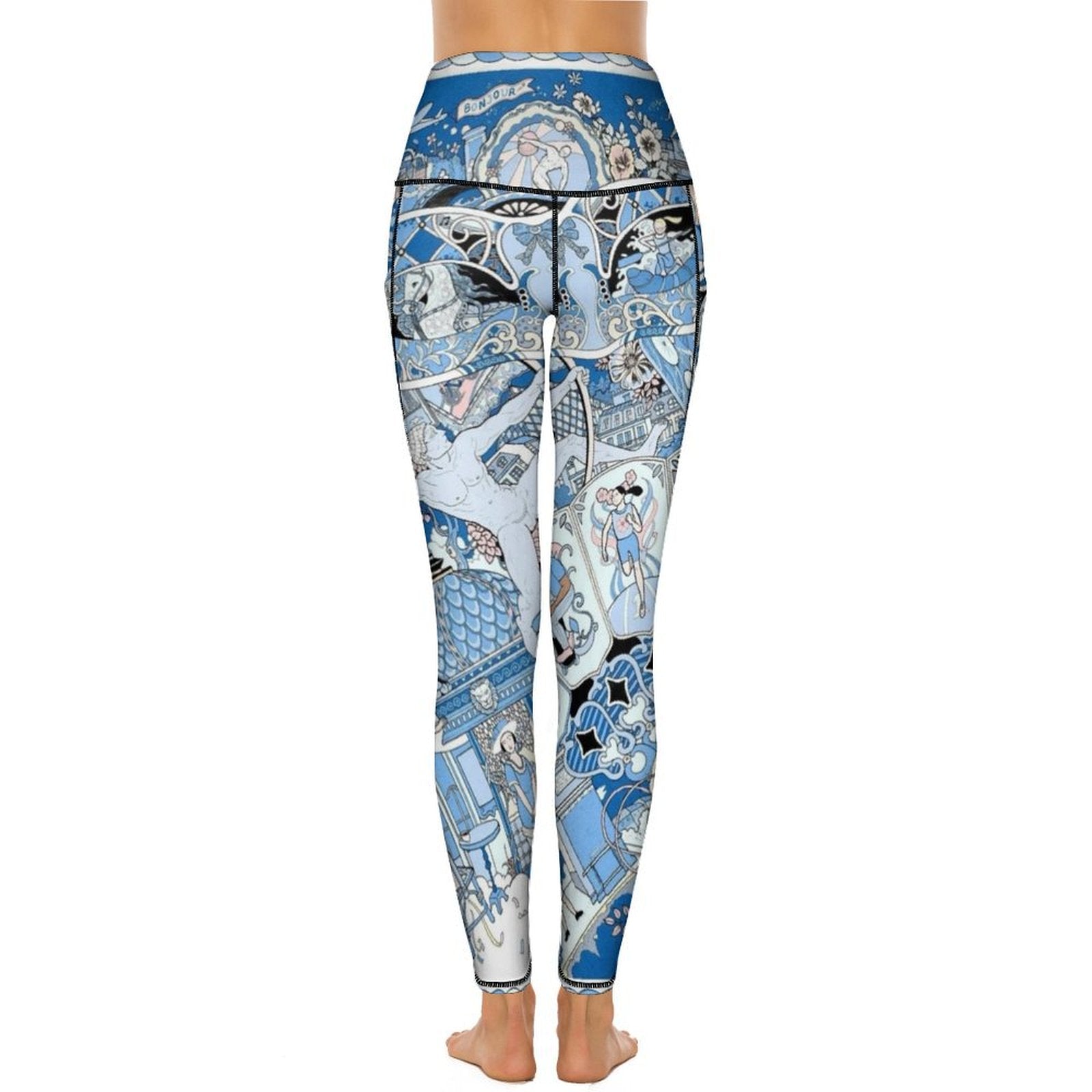 Blue patterned high-waisted yoga leggings with BONJOUR detail, perfect for yoga and running