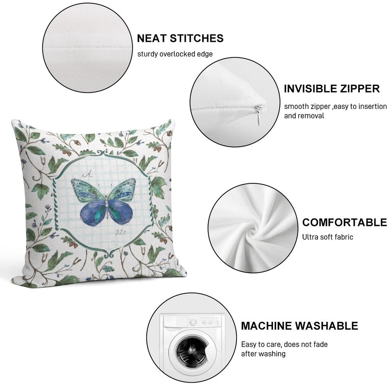 Super soft pillowcase with butterfly design, includes invisible zipper, machine washable, ideal living room decor.