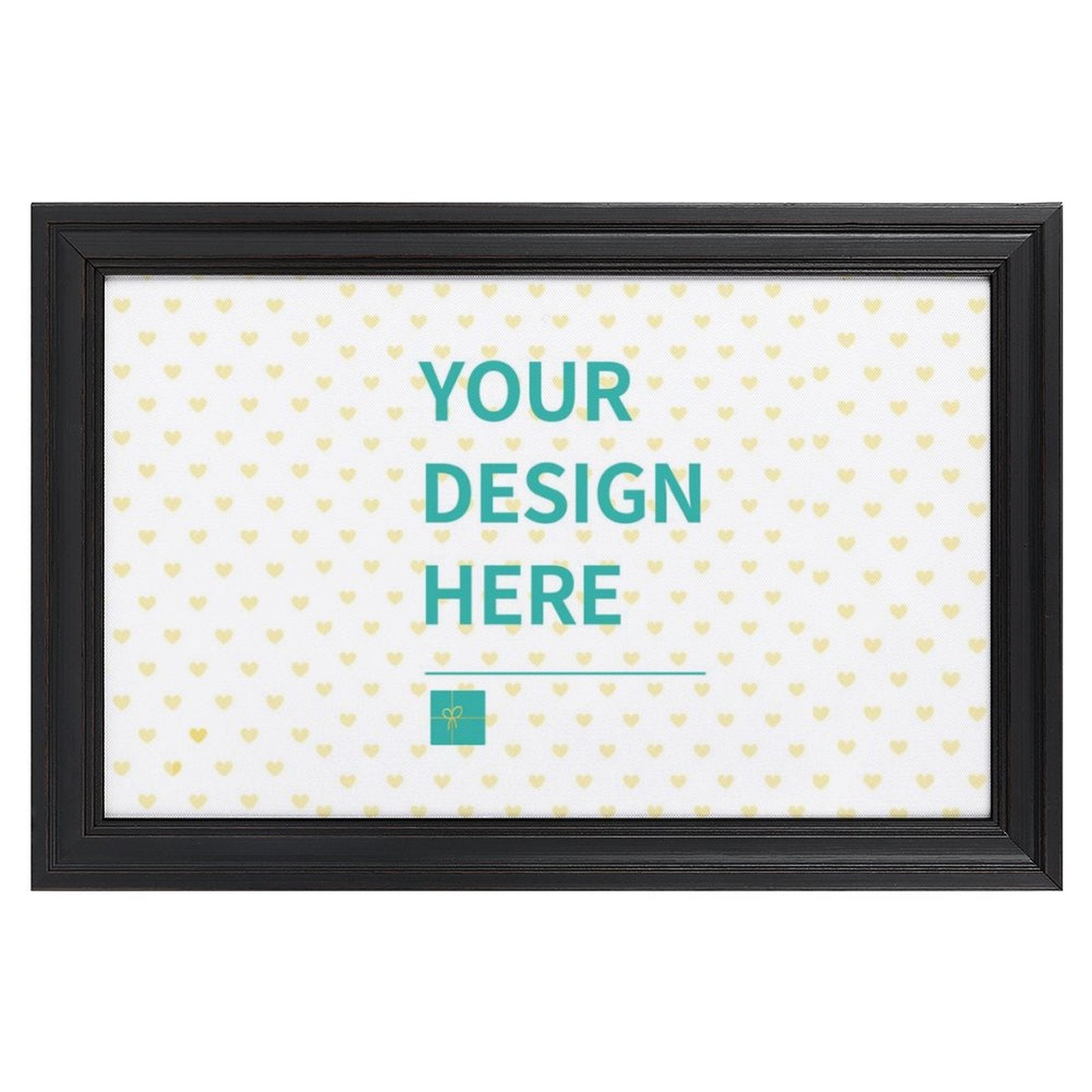 Custom canvas print with black frame, displaying 'YOUR DESIGN HERE' personalized wall art for home decor