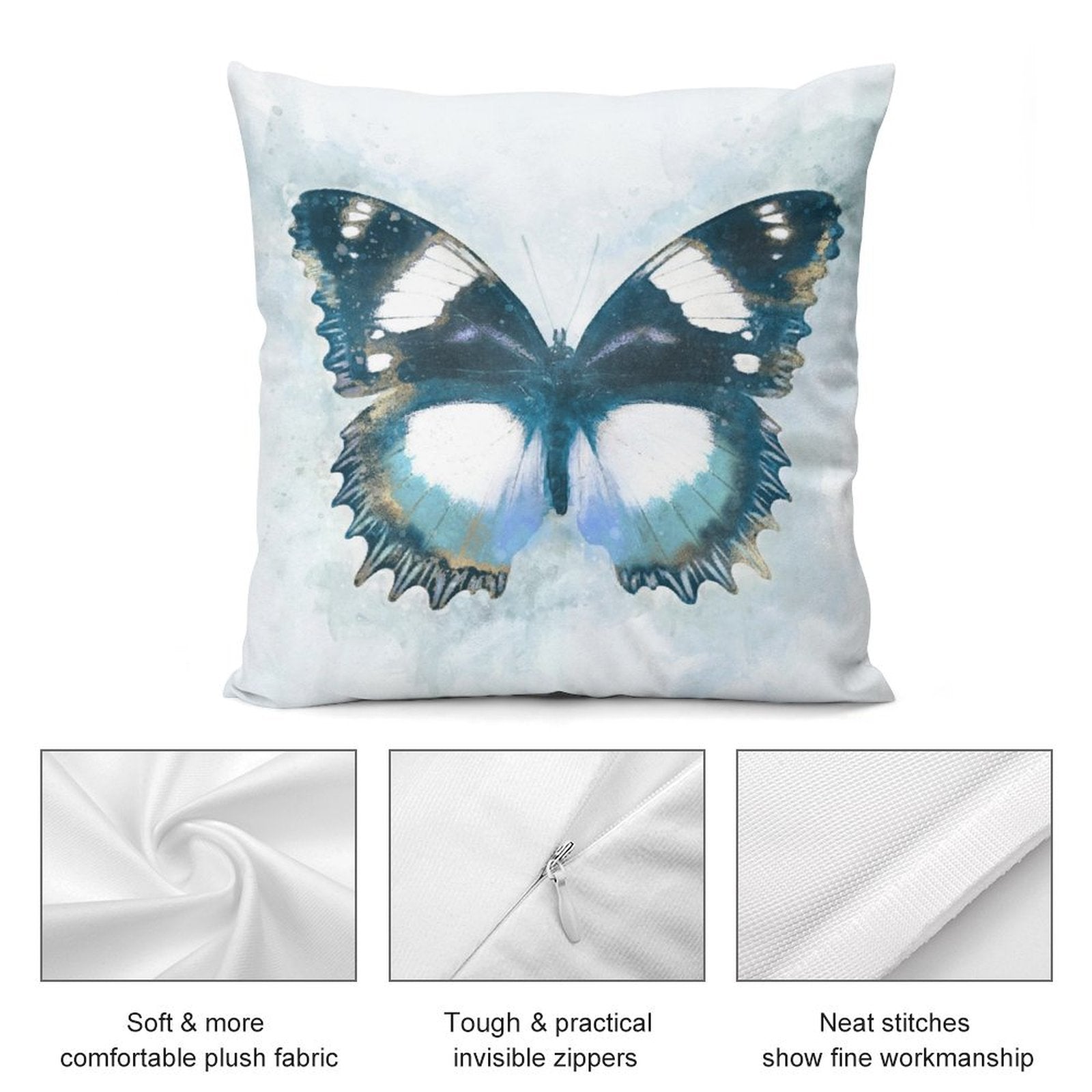 Butterfly plush pillow cover for sofa, couch, or living room decor; soft, comfortable plush fabric and invisible zippers.
