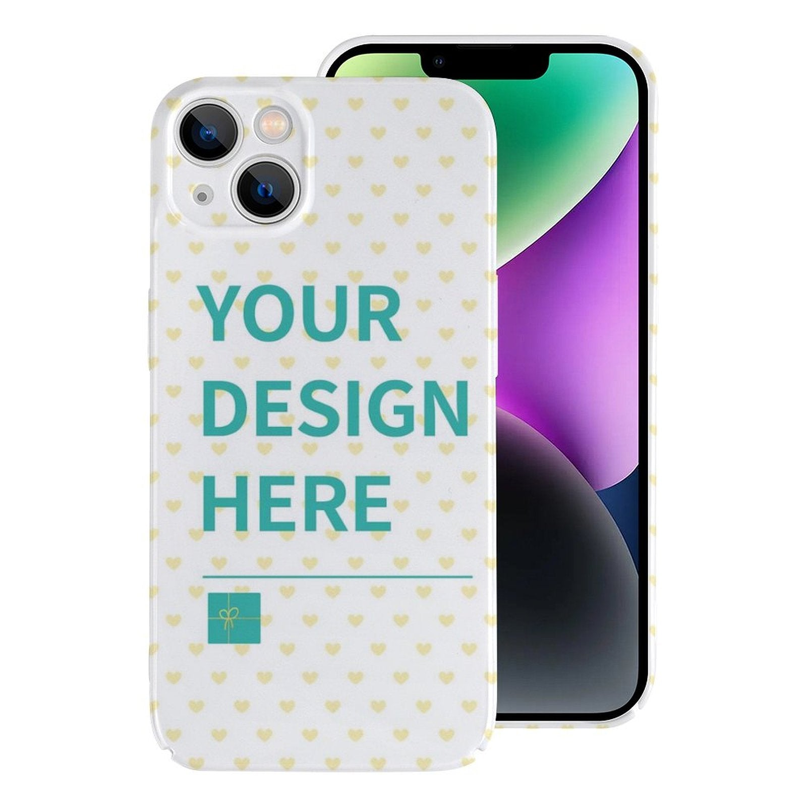 Custom iPhone 14 Pro case with 'YOUR DESIGN HERE' design, PC plastic, white heart pattern.