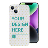 Custom iPhone 14 Pro case with 'YOUR DESIGN HERE' design, PC plastic, white heart pattern.