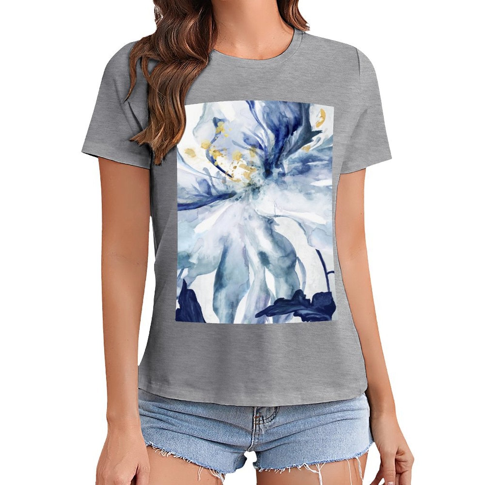 MyArtsyGift women's gray crewneck t-shirt with blue floral print. Casual wear