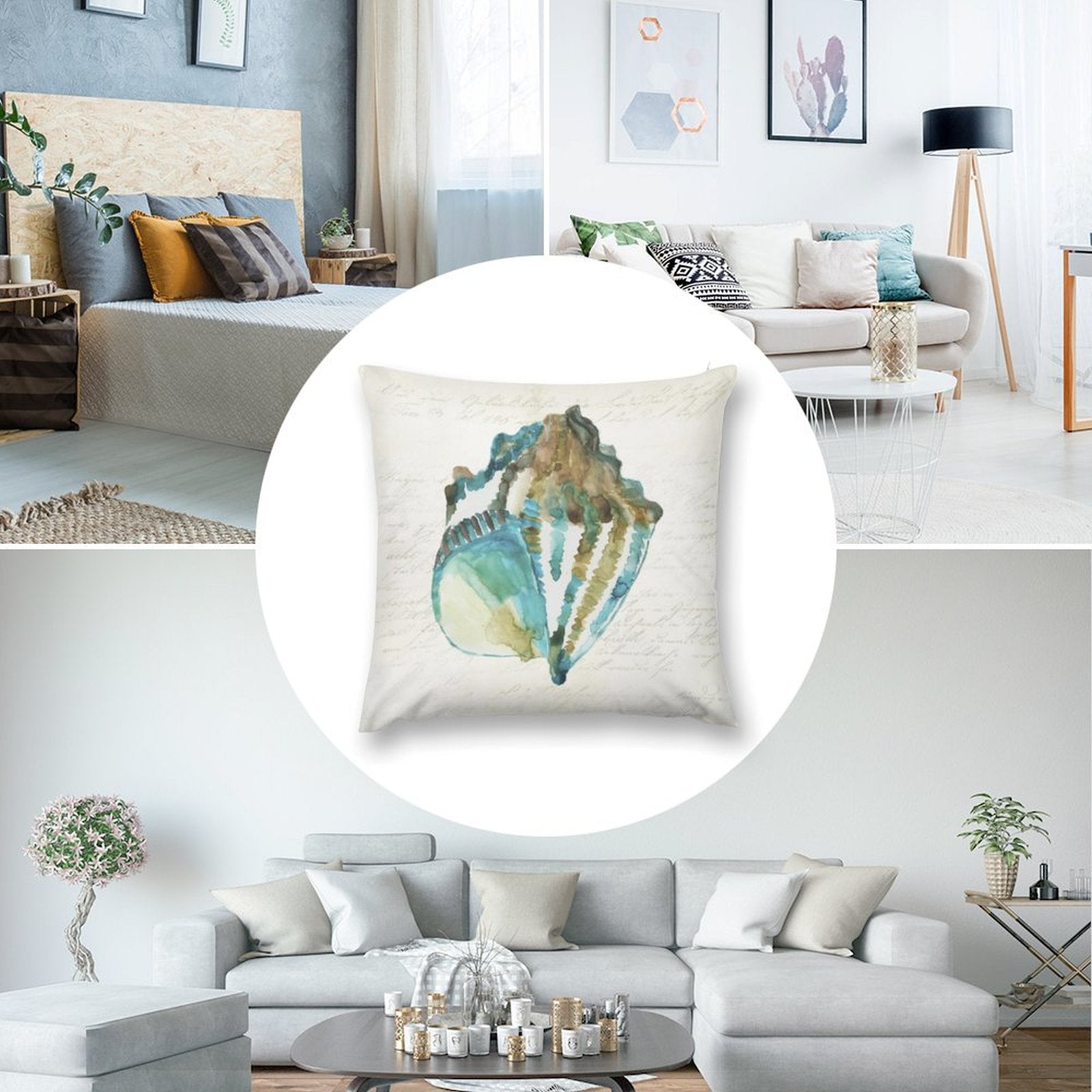 Seashell pillow cover for sofa and living room decor. Watercolor seashell design on soft, plush fabric