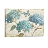 Blue hydrangea canvas print with butterfly and botanical design wall art. Family gift.
