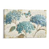 Blue garden canvas print with hydrangea flowers and butterfly, personalized wall art for family