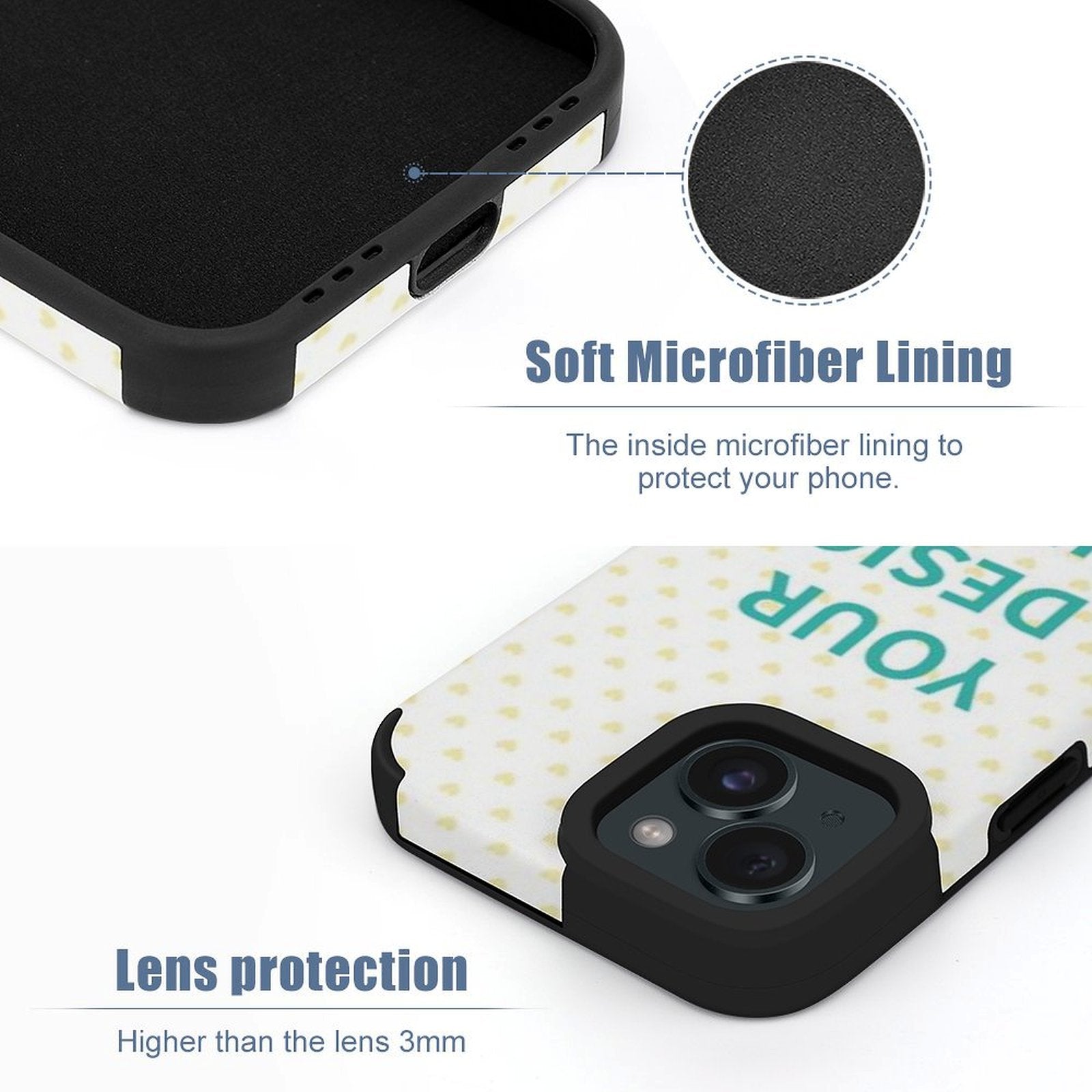 Custom iPhone 15 case with microfiber lining and lens protection, featuring YOUR DESIGN, fiber leather cover, MyArtsyGift