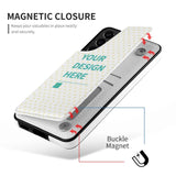 Personalized white PU leather Samsung Galaxy S21 flip phone case with 'YOUR DESIGN HERE', magnetic closure