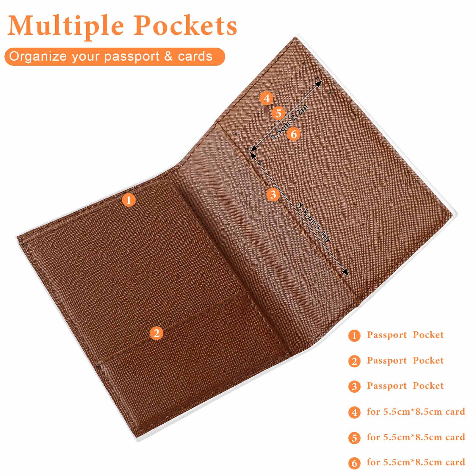 Brown PU leather passport holder with multiple pockets, passport and card organizer, travel gift