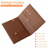 Brown PU leather passport holder with multiple pockets, passport and card organizer, travel gift