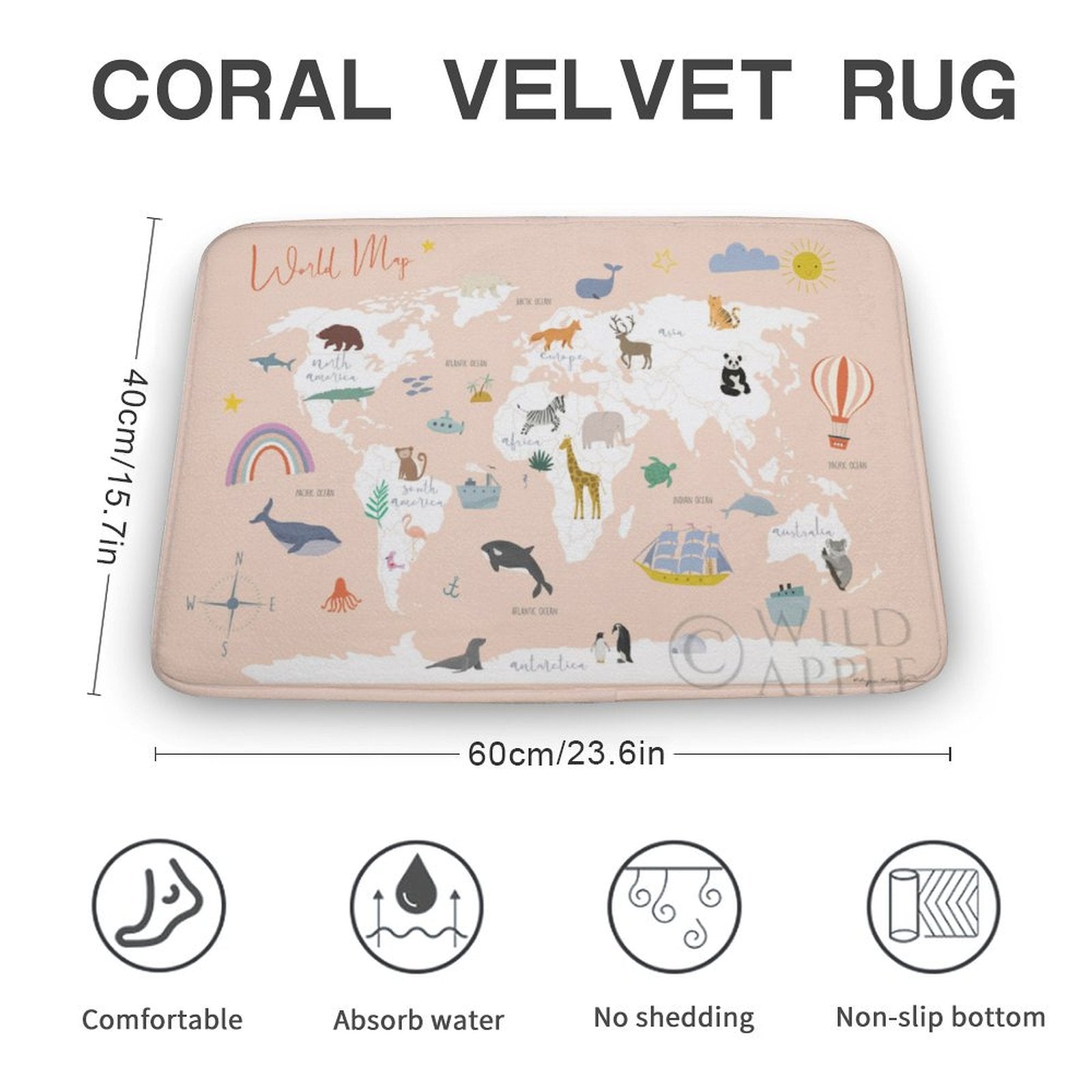 Coral velvet world map bath rug, non-slip, absorbent, easy to clean for bathroom, bedroom, kitchen
