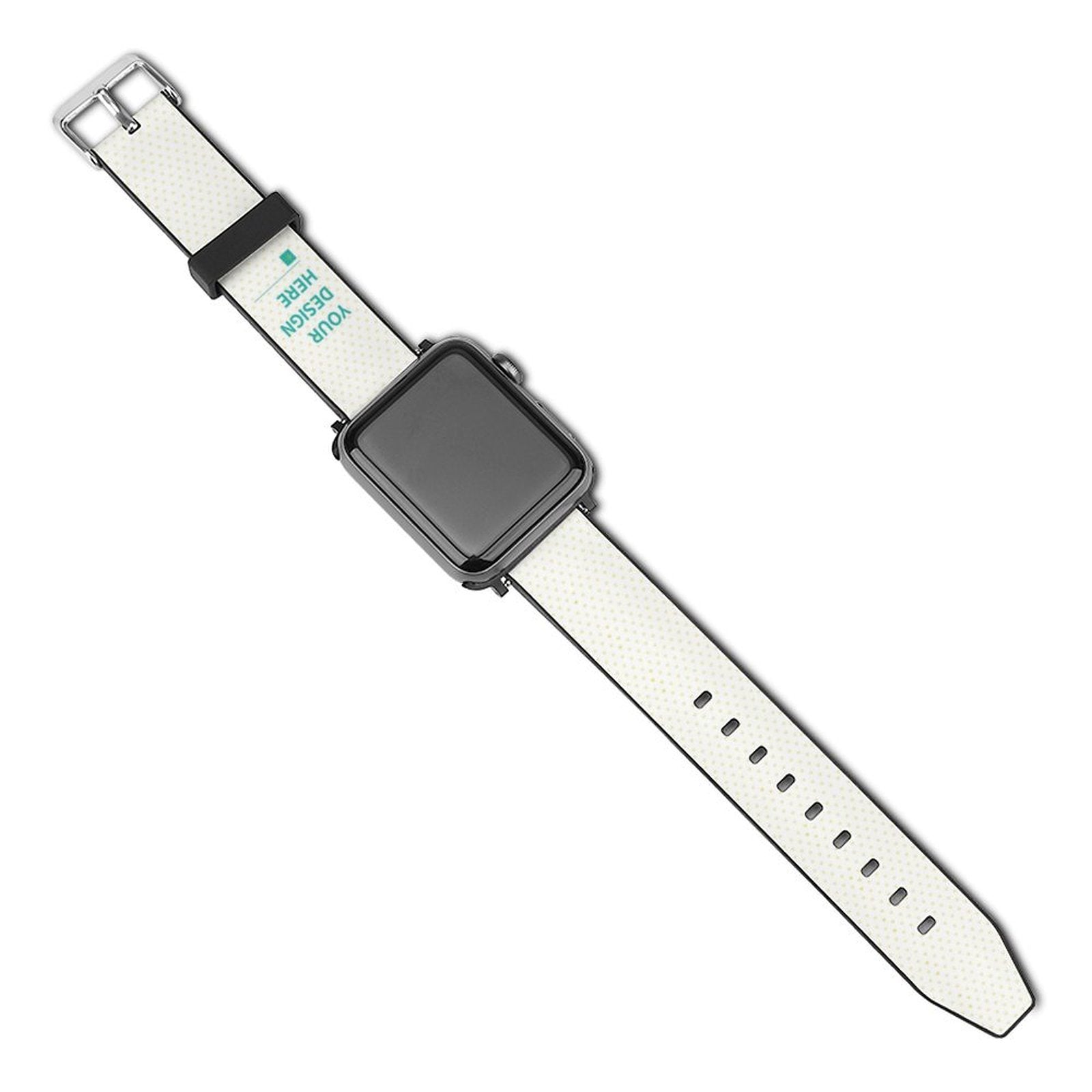 Custom Apple Watch band in white PU leather with 'YOUR DESIGN HERE' text, iWatch Series compatible