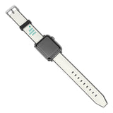 Custom Apple Watch band in white PU leather with 'YOUR DESIGN HERE' text, iWatch Series compatible
