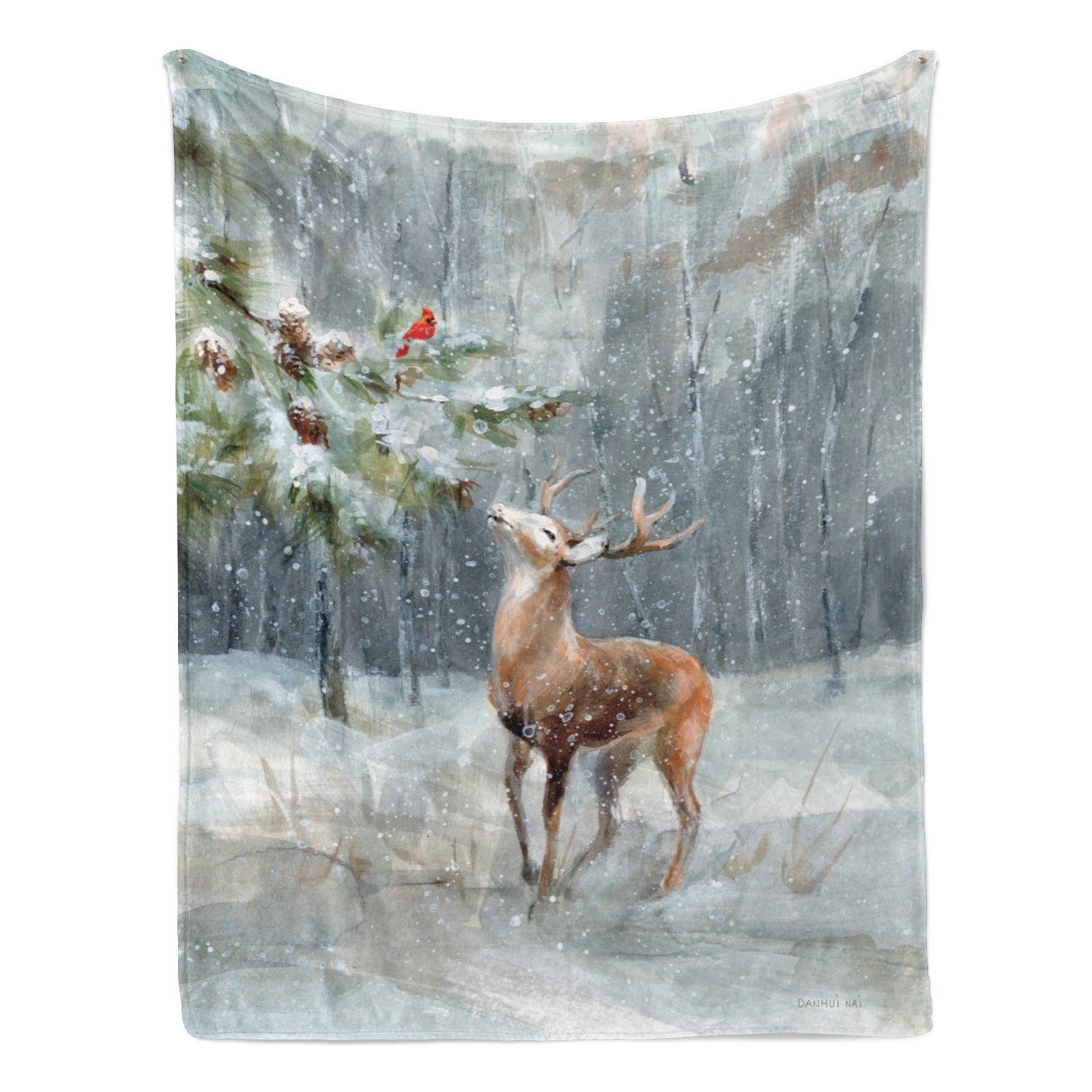 Winter snow forest deer flannel blanket. Cozy woodland scene with deer and cardinal for sofa or bed made in USA.